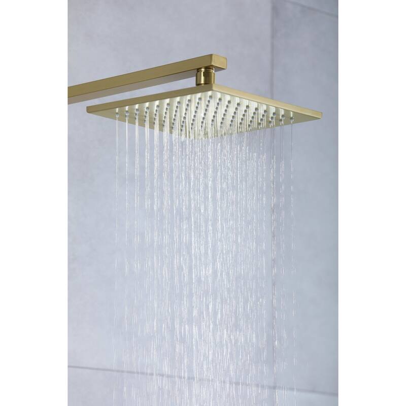 brushed gold wall mounted 3 way thermostatic exposed shower with tub spout and 8 inch rain head - 7'6" x 10'9"