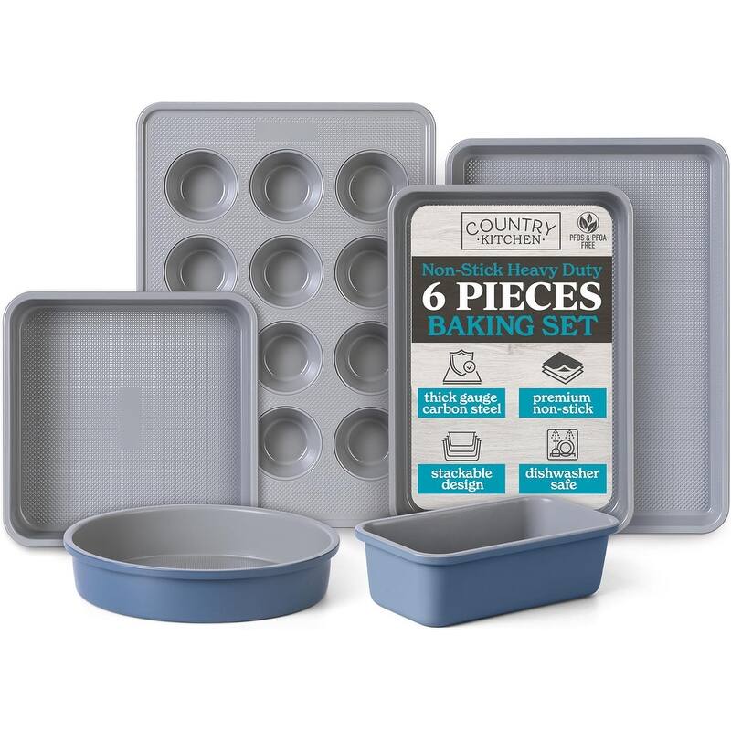 Country Kitchen Nonstick Heavy Duty Stackable Bakeware Set - Durable, Easy Release Baking Set, 6 Pcs - Navy