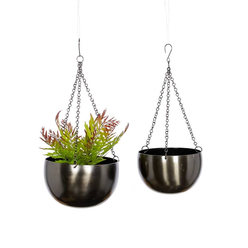 Black, Gold or Silver Metal Indoor Outdoor Hanging Dome Wall Planter with Chain (Set of 2)