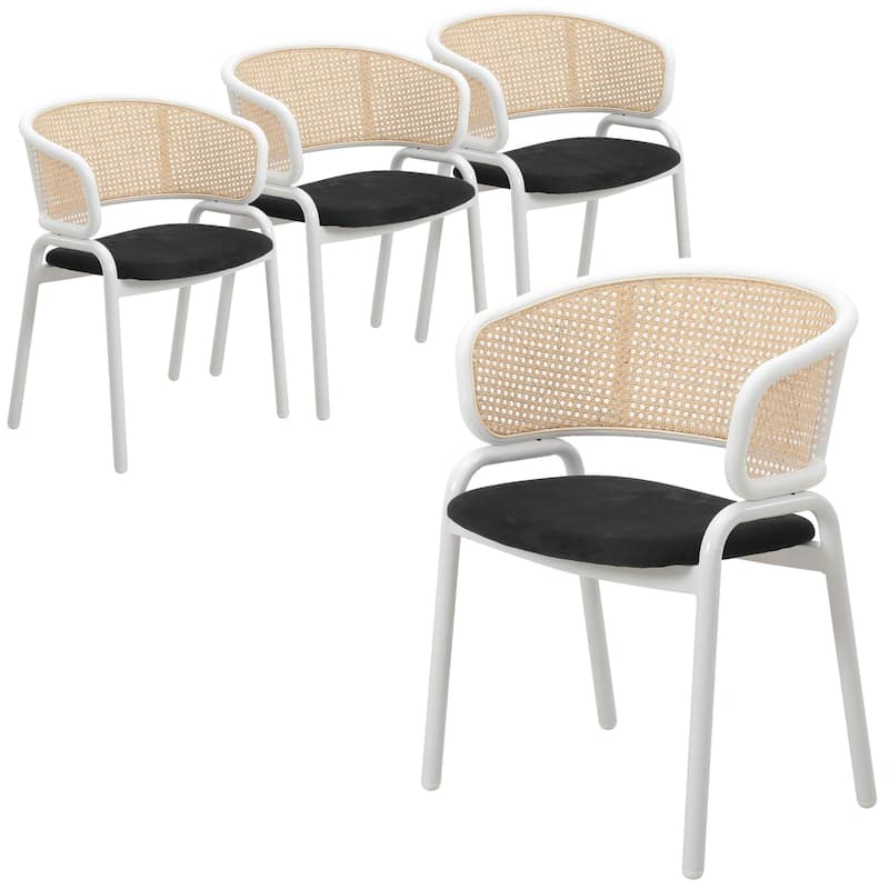 Ervilla Modern Stylish Side Chair with Rattan Back and White Steel Legs for Dining Room & Kitchen, Set of 4 - Black