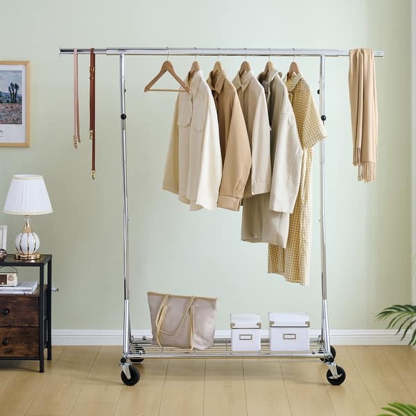 HOKEEPER Collapsible Double Heavy-Duty Rolling Garment Rack With Shelves – 600lb Capacity, 67x75x22 Inches, Silver Steel-629921