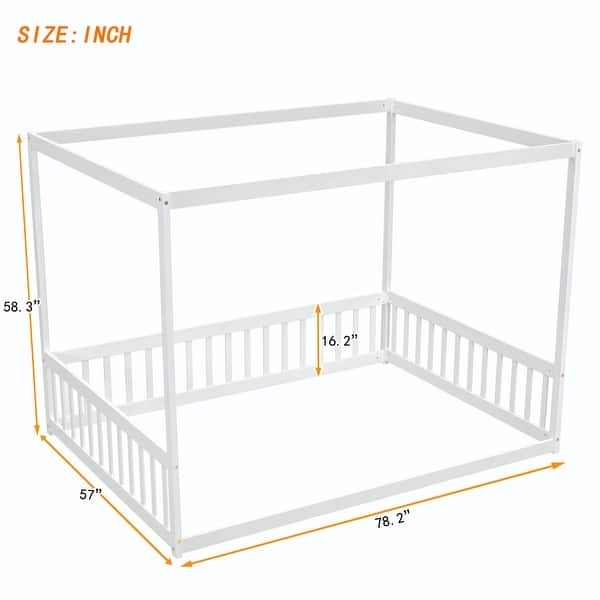 dimension image slide 0 of 3, Full Size Canopy Frame Floor Bed with Fence