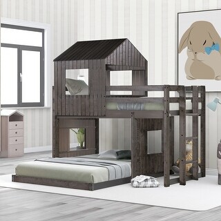 Wood House Shape Bunk Bed with Ladder
