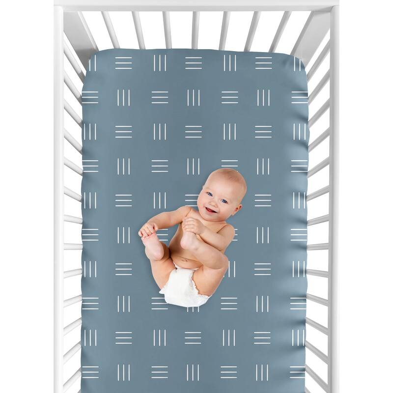 Dark Blue Boho Mudcloth Fitted Crib Sheet Slate Blue White Bohemian Woodland Tribal Southwest Hatch Gender Neutral Triple Line