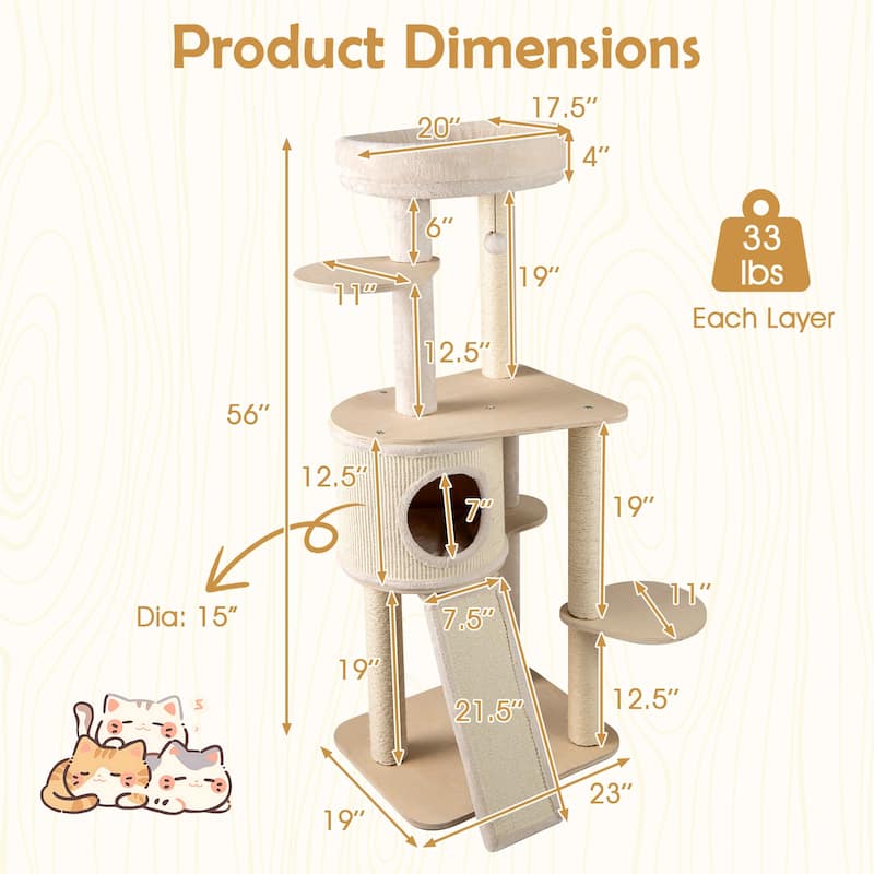 Gymax 56'' Tall Cat Tree Wooden Kitten Tower w/Sisal Scratching Posts