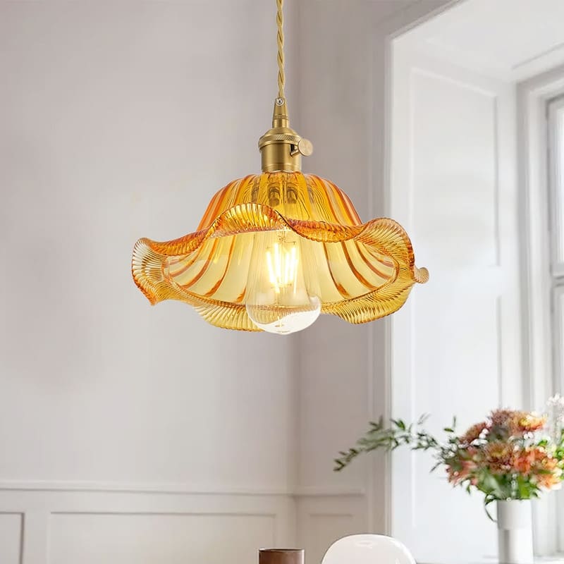 Modern 1Light Pendant with Amber Glass Shade and Brass Finish