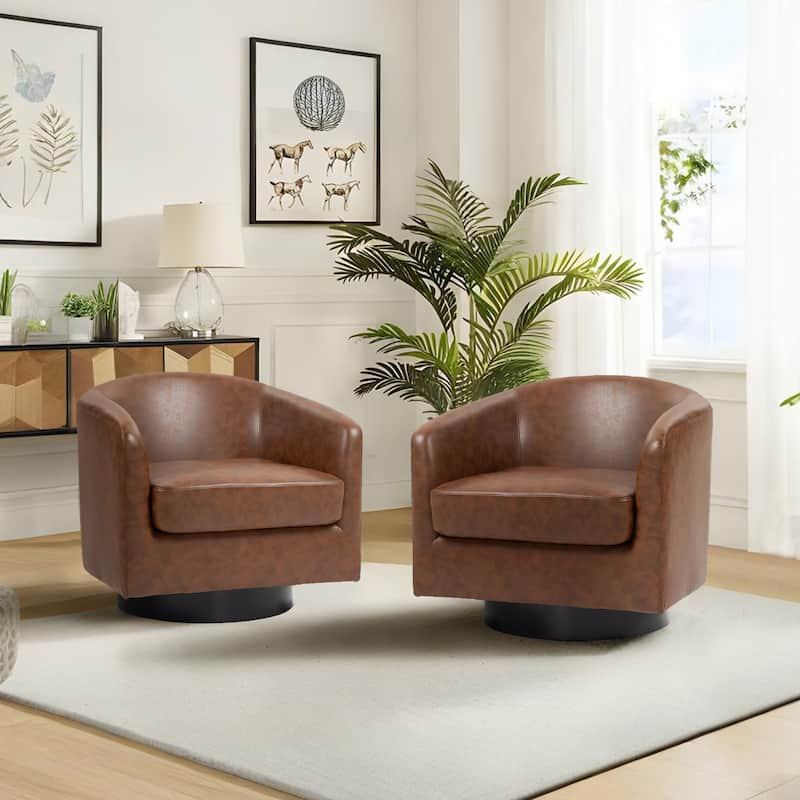 Modern Upholstered Swivel Barrel Club Arm Accent Chair for Living Room - 2 Set - Coffee-Faux Leather