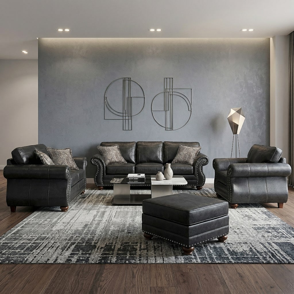 Roundhill Furniture Leinster 4-Piece Living Room Set, Sofa Loveseat Chair and Ottoman, Black