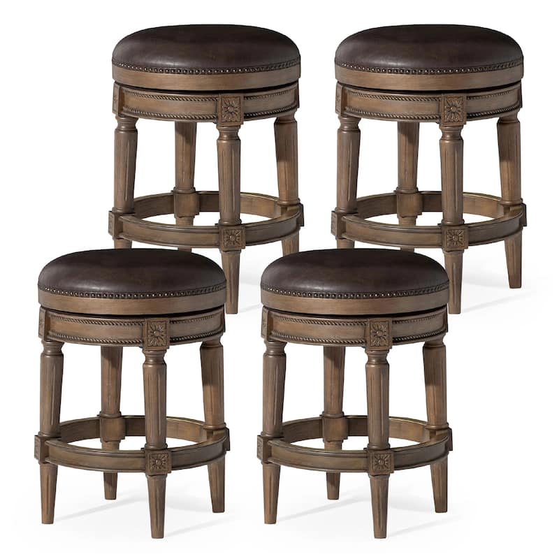 Maven Lane Pullman Backless Swivel Kitchen Stool - Set of 4 - Walnut Vegan Leather - Counter Height