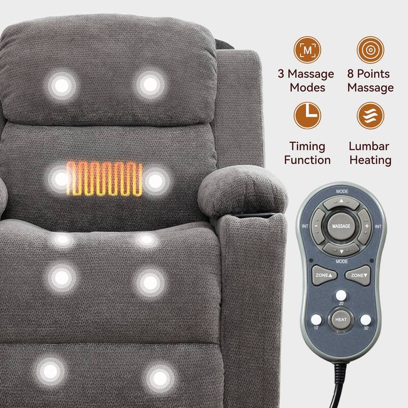 Chenille Power Lift Recliner Chair, Heavy Duty Recliner Chair with Heat & Massage, Lounge Chair with USB Ports & Cup Holders