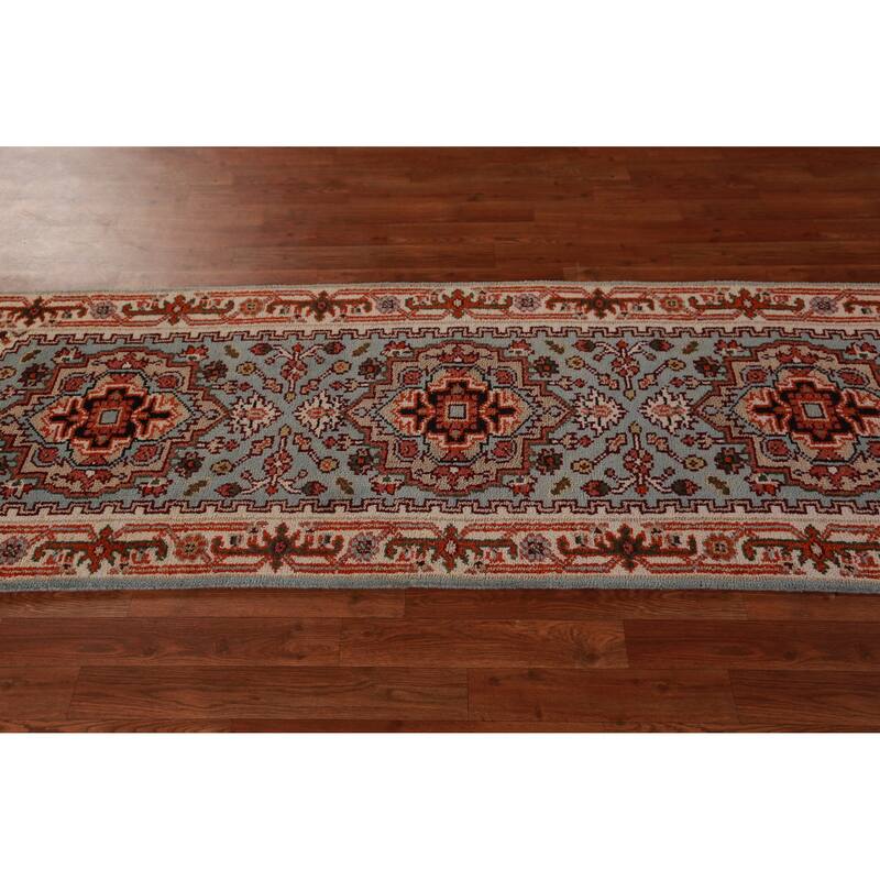 Hand Knotted Oriental 100% Wool Carpet Traditional Geometric Navy Blue & Blues Heriz (serapi) Runner Rug - 8' 4'' X 2' 6''