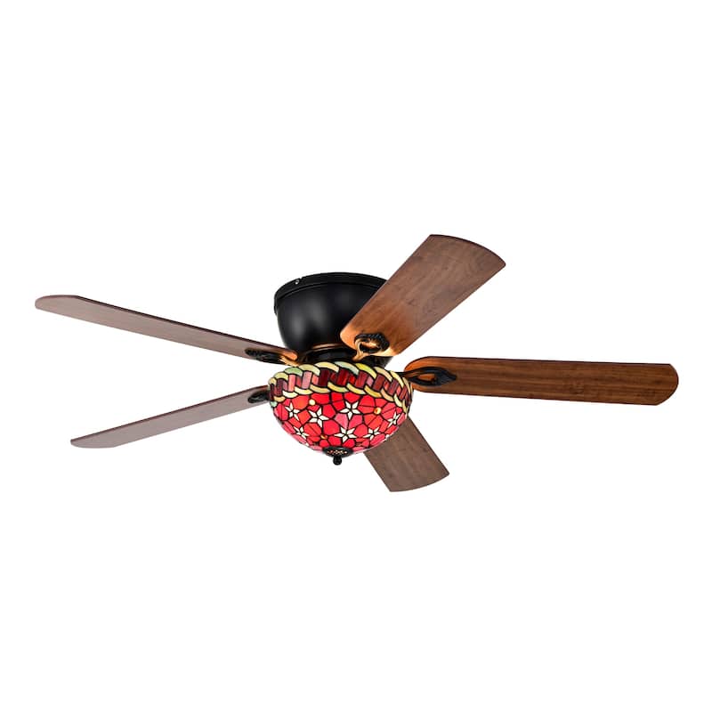 Chergo 52-Inch Flushmount Lighted Ceiling Fan Red Flower Tiffany Glass Lamp Black Finish