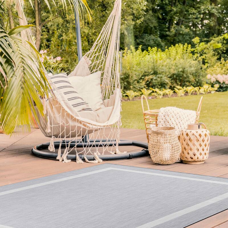 Beverly Rug Modern Bordered Indoor Outdoor Rug, Outside Carpet for Patio, Deck, Porch