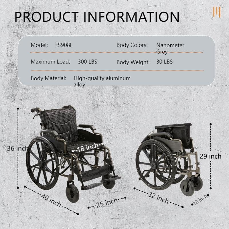 Aluminum Alloy Transport Wheelchair. 18" Seats. With front and Rear Locking Hand Brakes. 24" Quick Remove Rear Wheel - Dark Gray