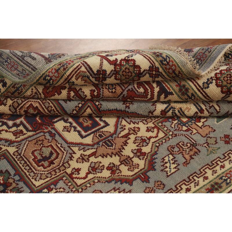Hand Knotted Oriental 100% Wool Carpet Traditional Medallion Navy Blue & Blues Heriz (serapi) Area Rug - 9' 9'' X 7' 11''