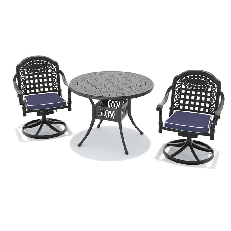 3-Piece Aluminum Round Outdoor Patio Dining Set, 2 Cushioned Swivel Chairs, Table, All-Weather Frames