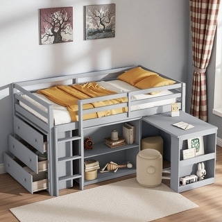 Twin Loft Bed with Pull-Out Desk, Storage Cabinets & Drawer Shelves, Solid Rubber Wood, Safety Guardrail & Ladder