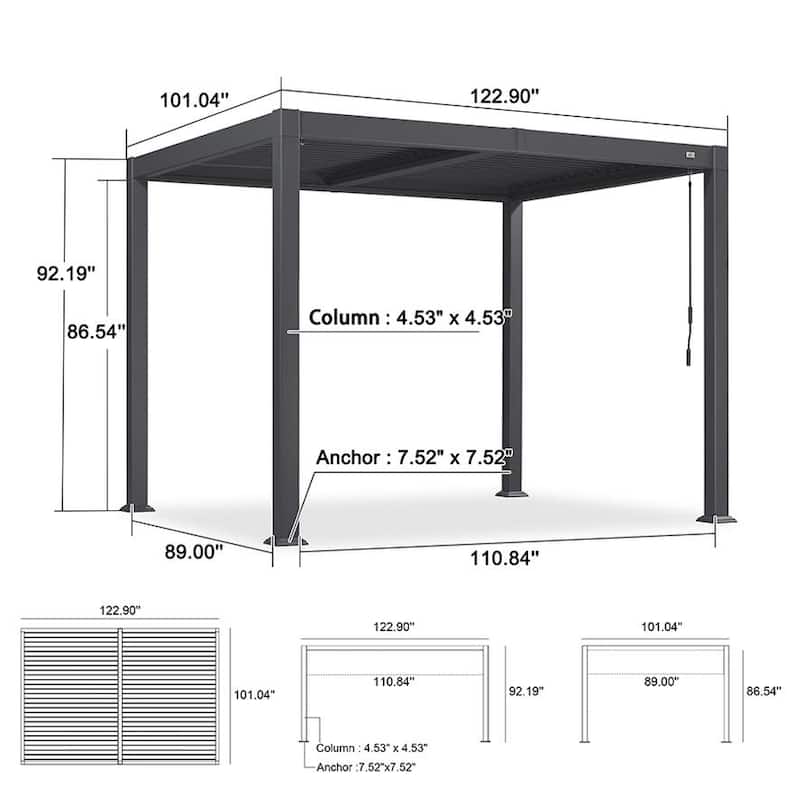 PURPLE LEAF Grey Louvered Sun Shade Pergola - Adjustable Metal Roof for Patio Hardtop Pergola