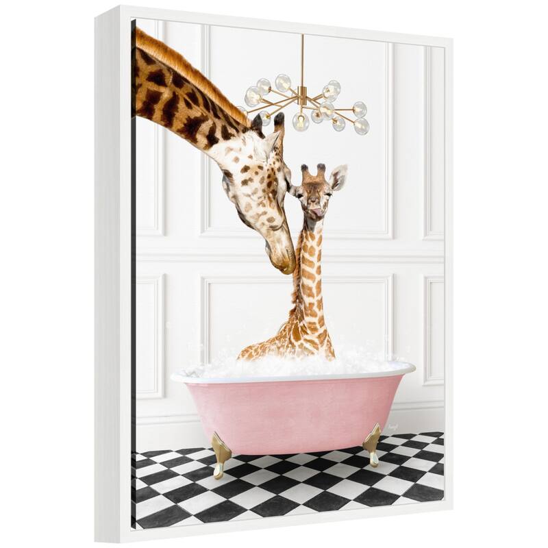 Kate and Laurel Sylvie Mother and Baby Giraffe in Pink Bathtub on Checker Floor Framed Canvas by Amy Peterson - White