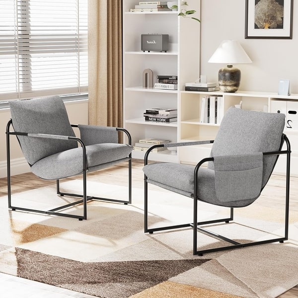 Set of 2 Mid Century Modern Steel Arm Chairs with Linen Fabric Cover ...