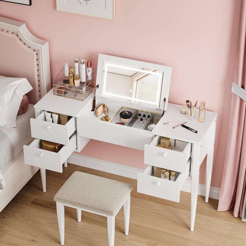 3-in-1 Vanity Desk with Flip Top LED Mirror, 5 Drawers, and Cushioned Stool - White