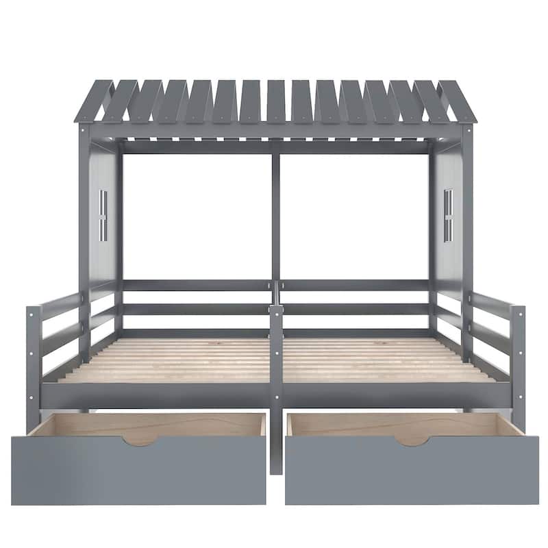 Merax 2 Shared Beds Twin Size House Platform Beds with Two Drawers