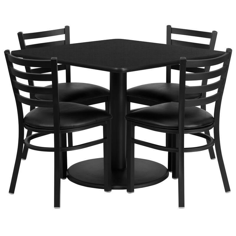 36'' Square Laminate Table Set with Round Base and 4 Ladder Back Metal Chairs - black top/black vinyl seat
