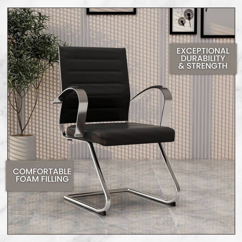 Benmar Modern Leather Office Chair with Stainless Steel Sled Base, Floor Caps, Ergonomic Desk Chair for Home Office or Workspace