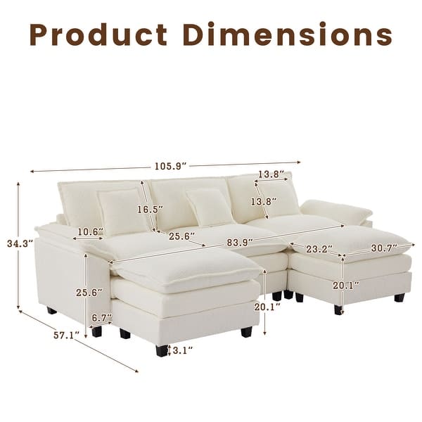 dimension image slide 0 of 17, Modular Cloud Chenille Sectional Sofa with Ottomans, Deep Seat Convertible L-Shaped or U-Shaped Couch