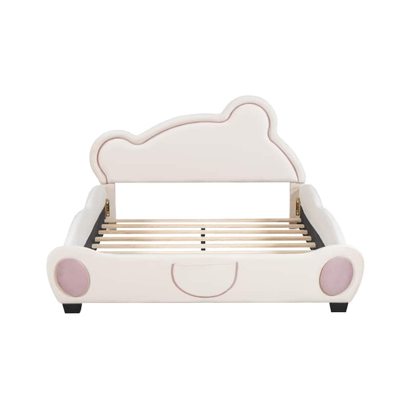 Full Size Velvet Platform Bed with Bear Headboard and Storage Pocket