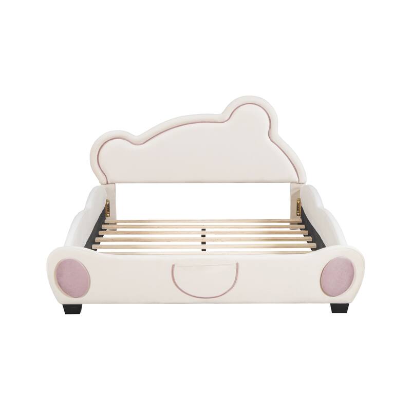 Velvet Platform Bed with Bear-Shaped Headboard and Bed-End Storage Pocket
