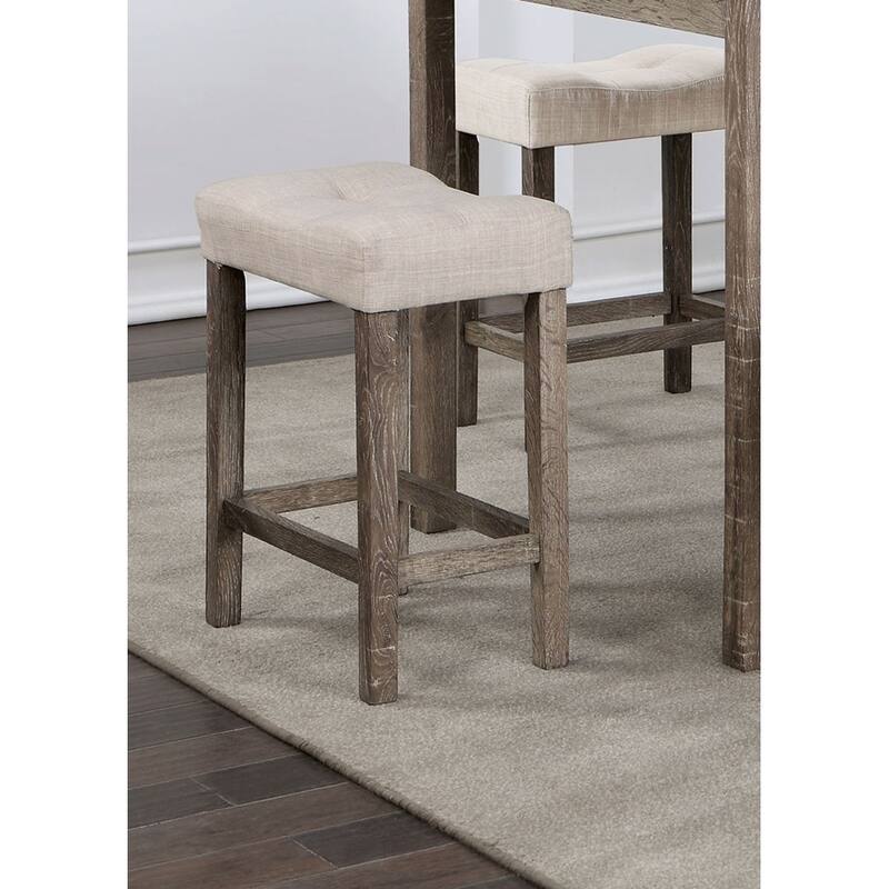 5-Piece Counter Height Dining Set with Gray Table and Beige Linen-like Upholstered Stools, Farmhouse-Inspired Rustic Charm