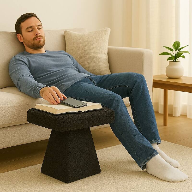 Black Teddy Upholstered T-Shape Vanity Foot Stool 19"W x 16"H