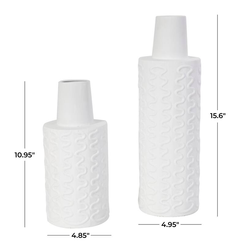 White Metal Wavy Textured Abstract Decorative Vase (Set of 2)