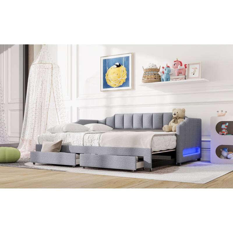Extendable Twin XL to King Upholstered Daybed with Storage Drawers and LED Light, Gray