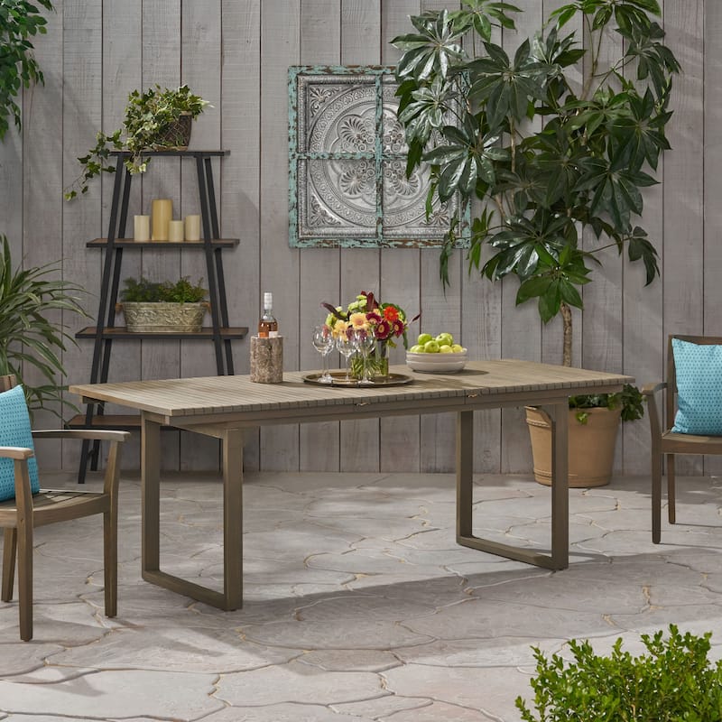 Expandable Acacia Wood Dining Table with Slat Top and U Shaped Legs Outdoor Patio