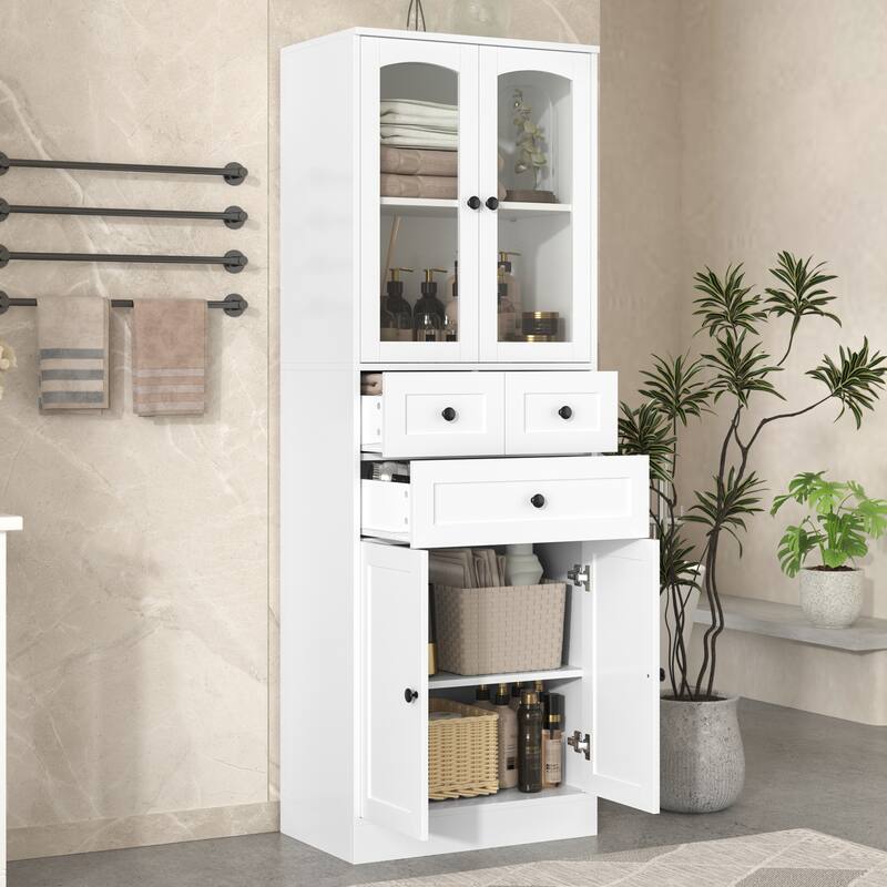 Adjustable Storage Cabinet with Above Glass Door Cabinet and Below Wooden Door Cabinet, Tall Bathroom Cabinet with 3 Drawers - White