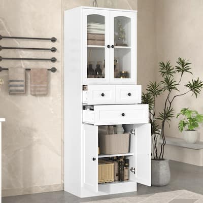 Adjustable Storage Cabinet with Above Glass Door Cabinet and Below Wooden Door Cabinet, Tall Bathroom Cabinet with 3 Drawers