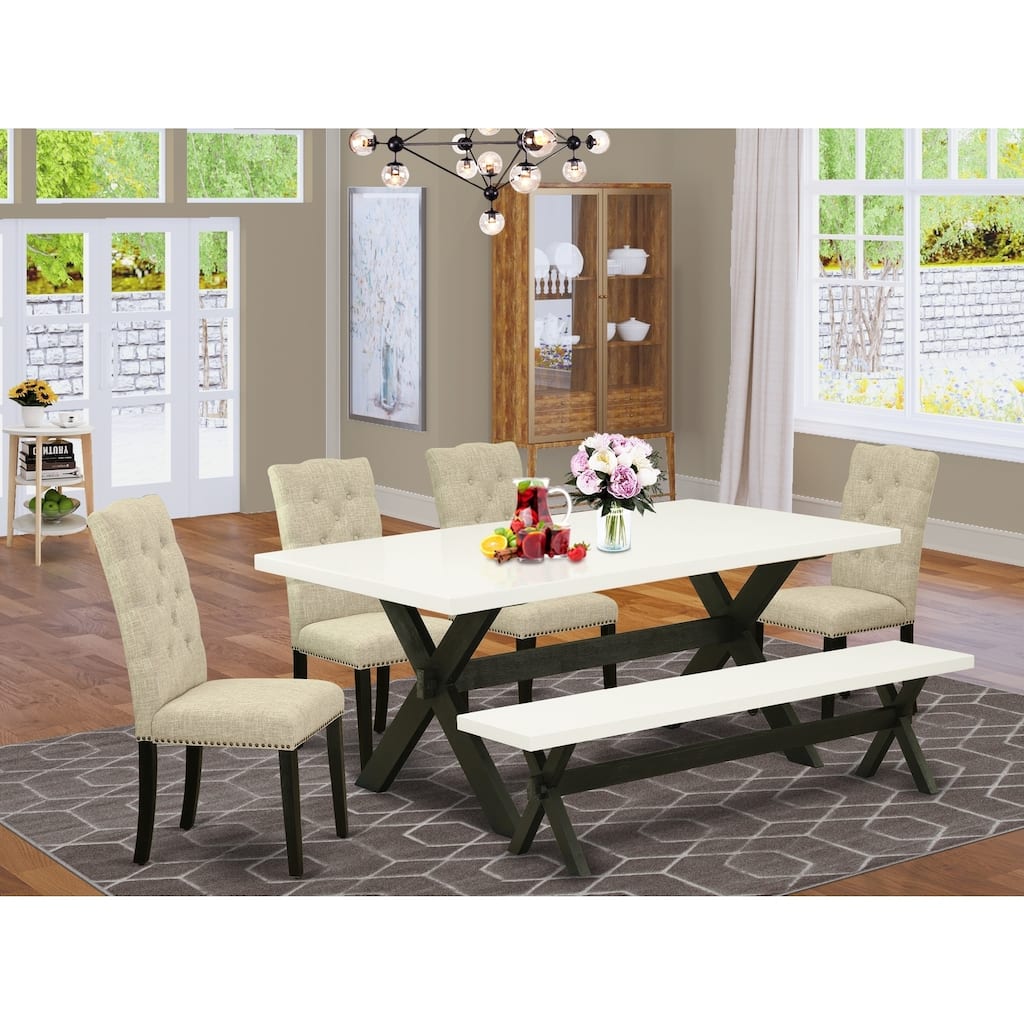 Mid Century Dining Set - 6 Piece Table & Chair Set with Bench - Retro Kitchen Table Set