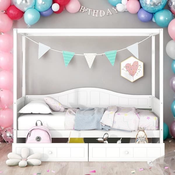 slide 2 of 19, Twin Size Modern Design Canopy Day Bed with 2 Drawers,Space-saving,Sturdy Solid Pine Wood And Mdf With 4 Canopy Columns.White White