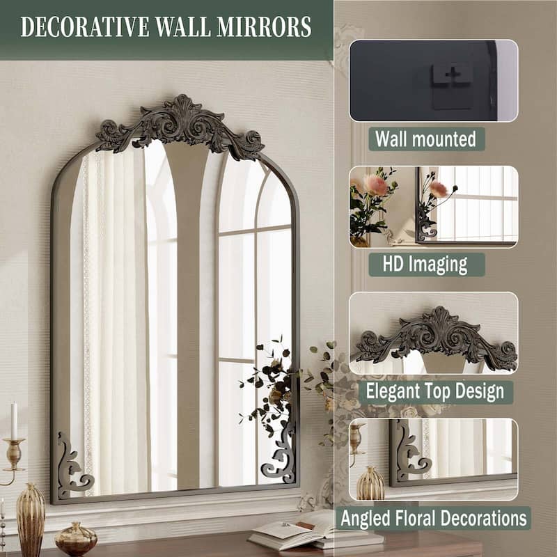 Arched Baroque Bathroom Mirror with Bottom Floral Decor
