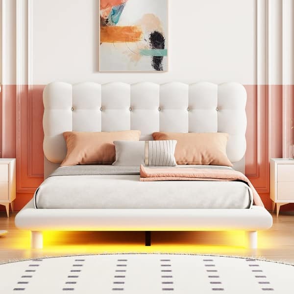 slide 2 of 22, Marshmallow Shaped Button-Tufted Headboard LED Platform Bed