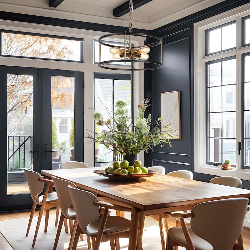 Modern Farmhouse 4-Light Black Gold Drum Chandelier Cage Pendant Lights for Kitchen Island - 17" D x 8" H