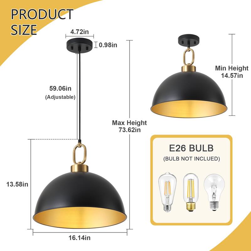 Starsky 1-light Mid-century Modern Industrial Farmhouse Black Dome Single Pendant Light