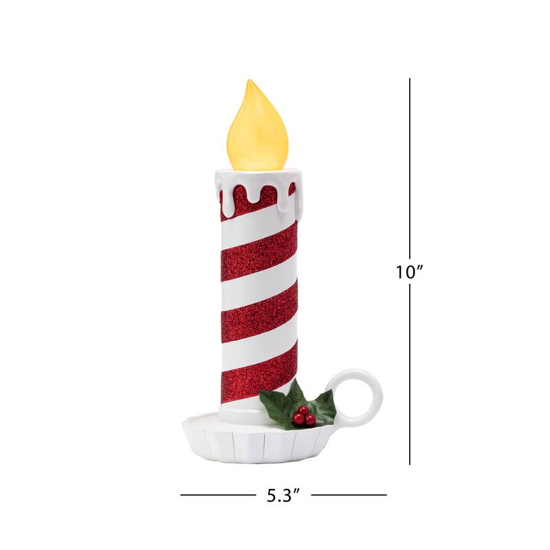 10" Set of 2 Flickering LED Resin Glittery Striped Candles - Red & White