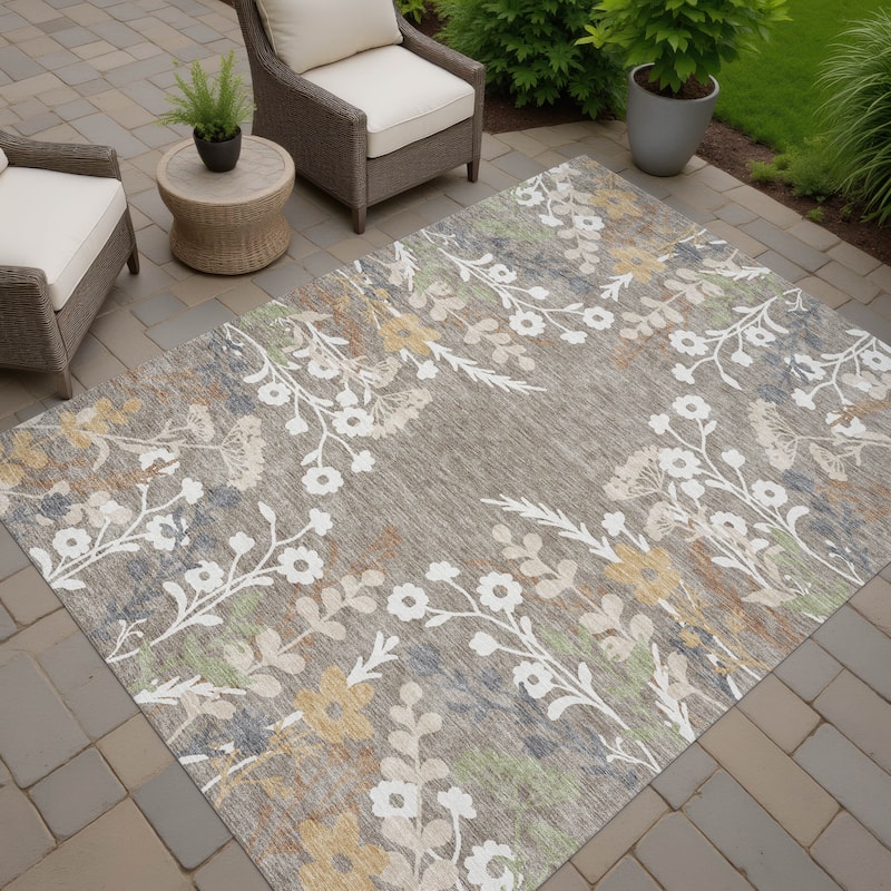 Machine Washable Indoor/ Outdoor Floral Border Chantille Rug - Taupe - 10' x 14'