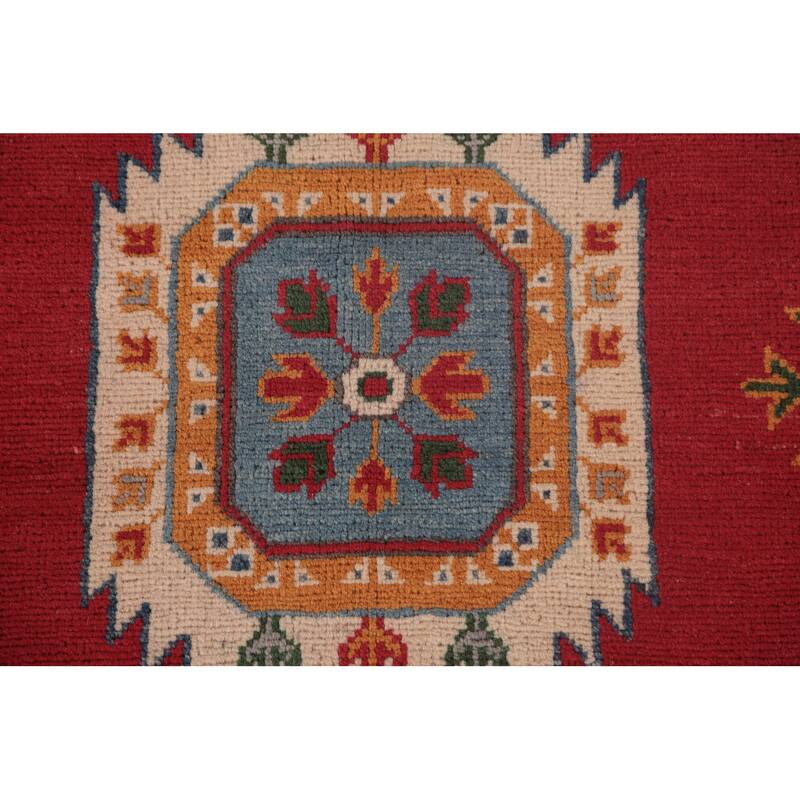 Geometric Red Kazak Area Rug Handmade Oriental Wool Carpet - 6'6" x 9'10"