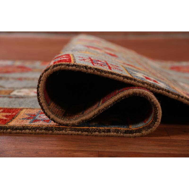 Hand Knotted Oriental 100% Wool Carpet Traditional Tribal Greys & Charcoal Heriz (serapi) Runner Rug - 9' 11'' X 4' 1''