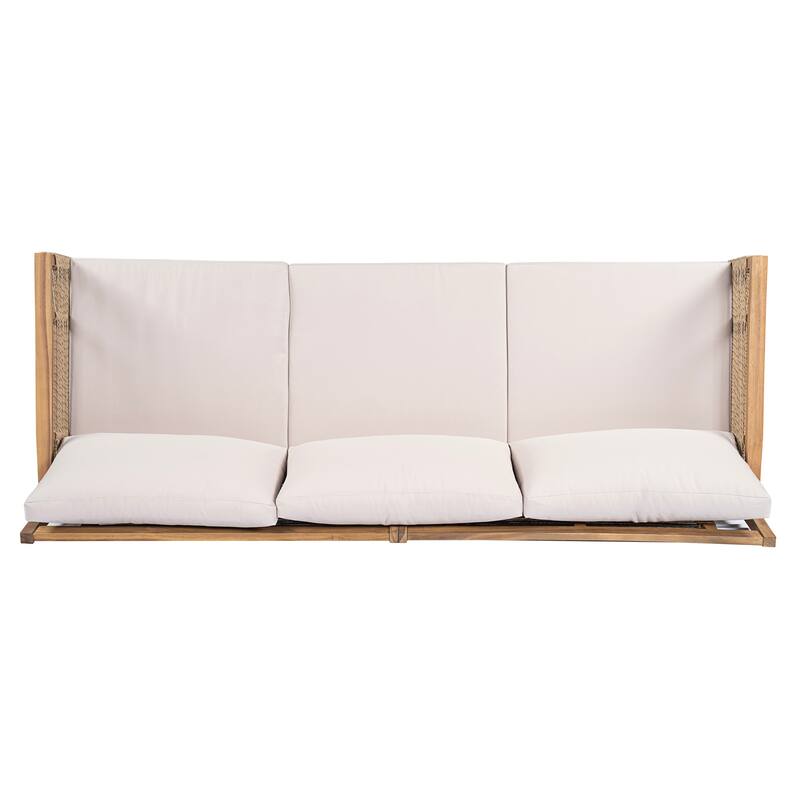 Acacia Wood 3-Seater Patio Sofa with Rope Weave - Outdoor Teak-Look Sofa with Beige Cushions & Pillows for Garden, Poolside