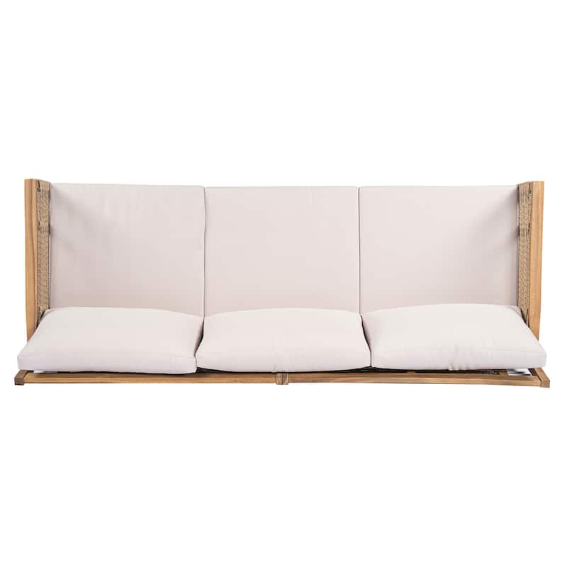 Roomfitters 3-Seater Outdoor Patio Sofa, Modern Wood Couch with Upholstered Cushions and Horizontal Rope Weave, Teak+ Beige